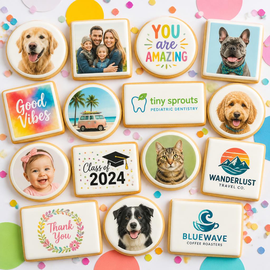 Custom photo and logo cookies printed with an Eddie edible-image printer